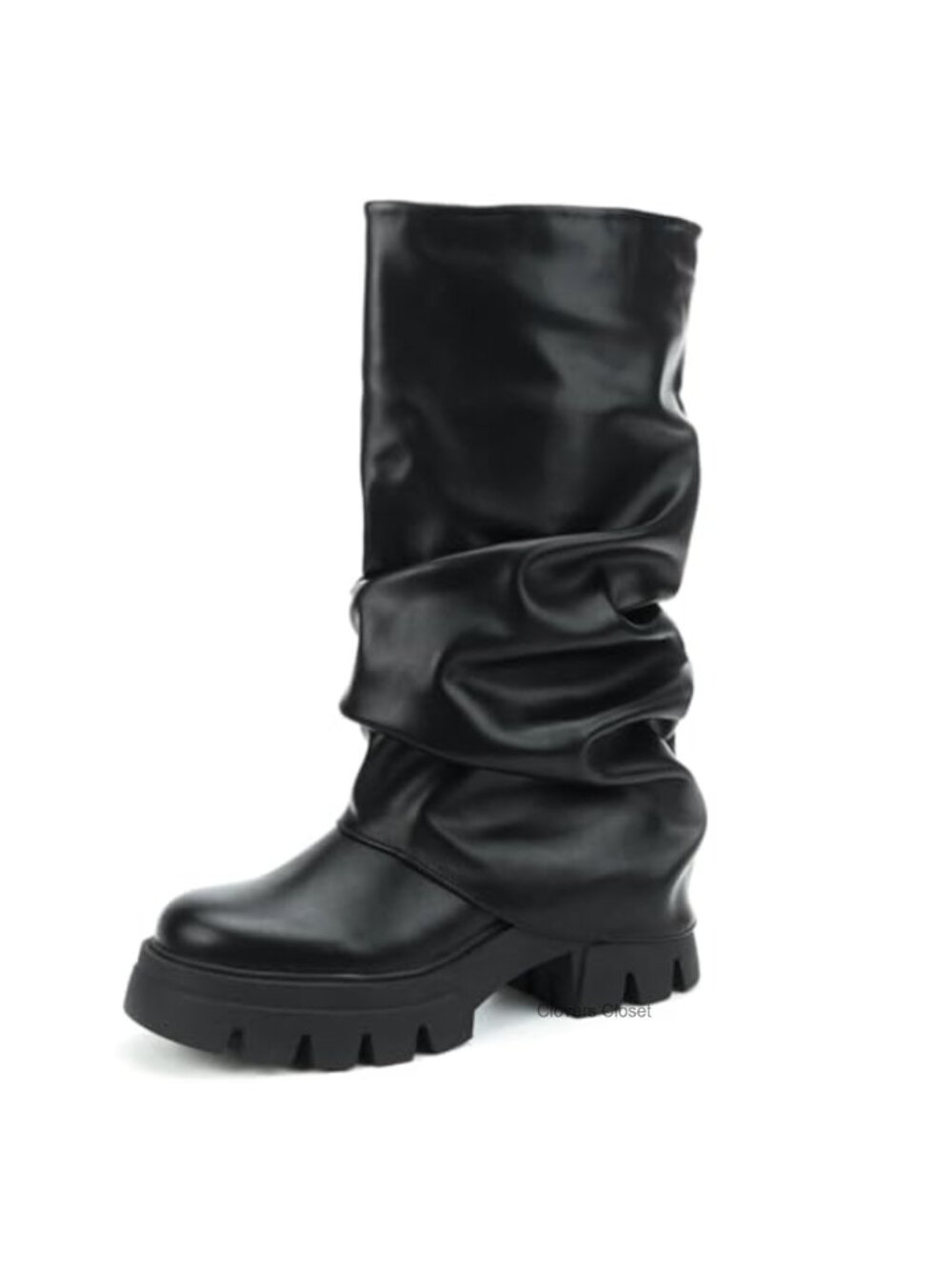 Women's Slouchy Fold Over Chunky Heel Ruched Mid Calf Boots